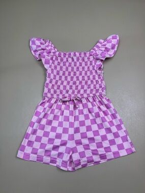 Picapino Girls Romper Size 5 Pink Checkered Smocked Flutter Sleeve